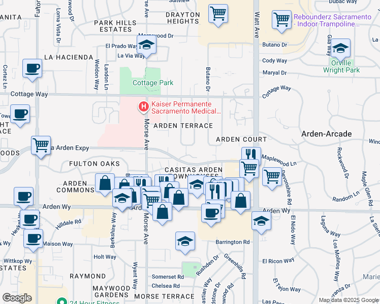 map of restaurants, bars, coffee shops, grocery stores, and more near 1901 Terrace Drive in Sacramento