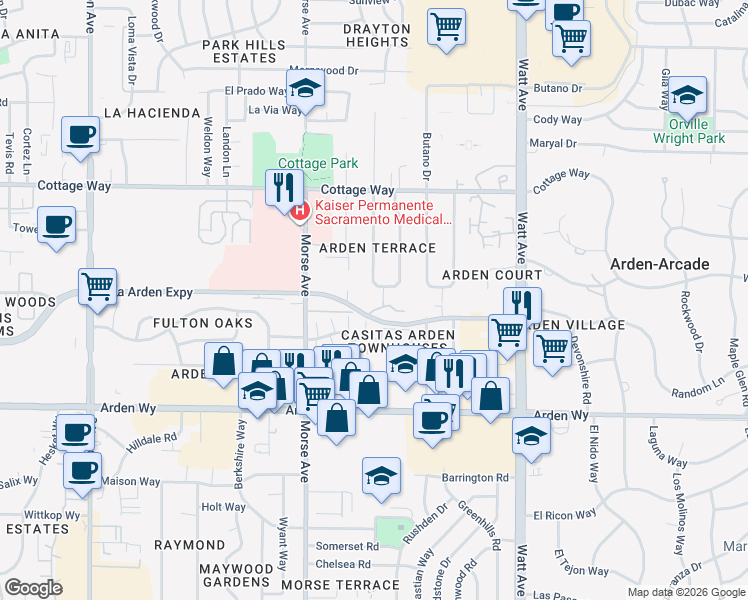 map of restaurants, bars, coffee shops, grocery stores, and more near 1901 Terrace Drive in Sacramento