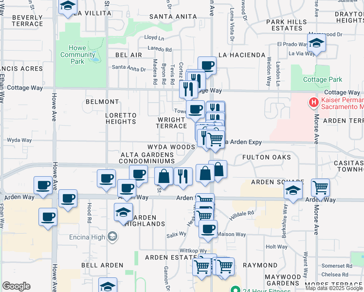 map of restaurants, bars, coffee shops, grocery stores, and more near 2458 Wyda Way in Sacramento