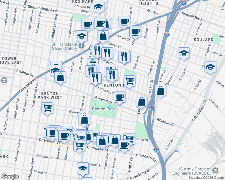 map of restaurants, bars, coffee shops, grocery stores, and more near 2931 Missouri Avenue in St. Louis