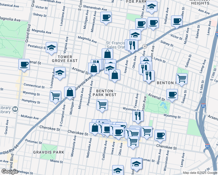 map of restaurants, bars, coffee shops, grocery stores, and more near 2811 Juniata Street in St. Louis