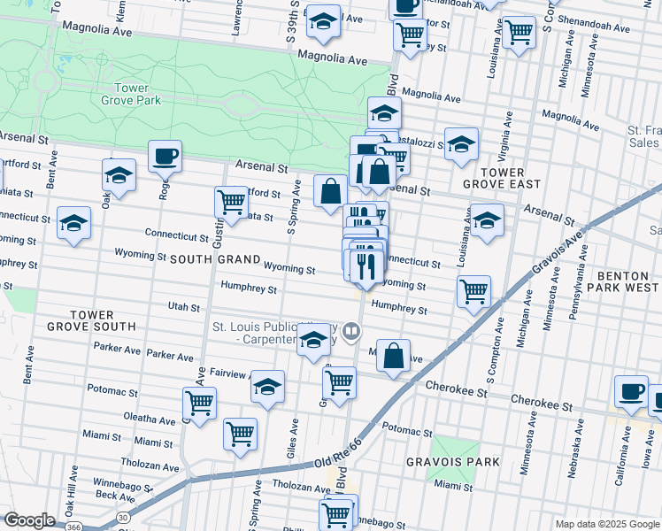map of restaurants, bars, coffee shops, grocery stores, and more near 3645 Wyoming Street in St. Louis