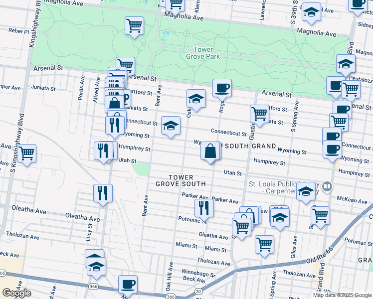 map of restaurants, bars, coffee shops, grocery stores, and more near 4051 Humphrey Street in St. Louis