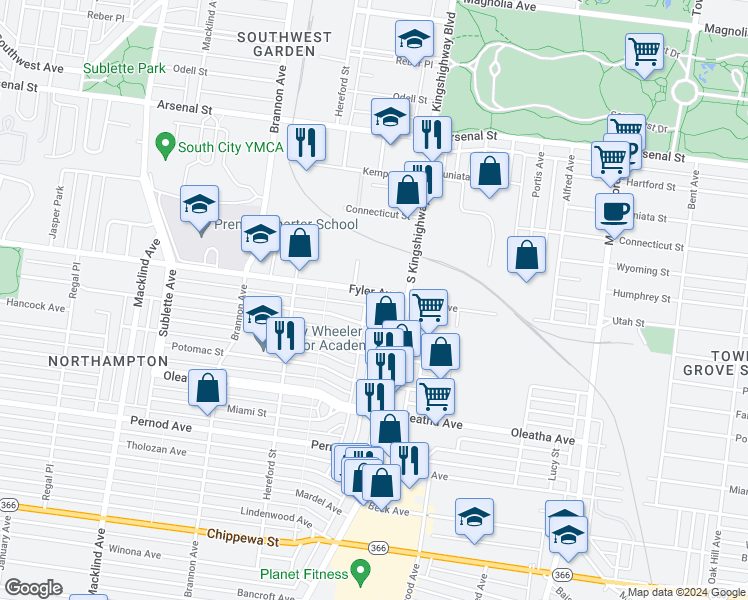 map of restaurants, bars, coffee shops, grocery stores, and more near 3307 Lawn Avenue in St. Louis