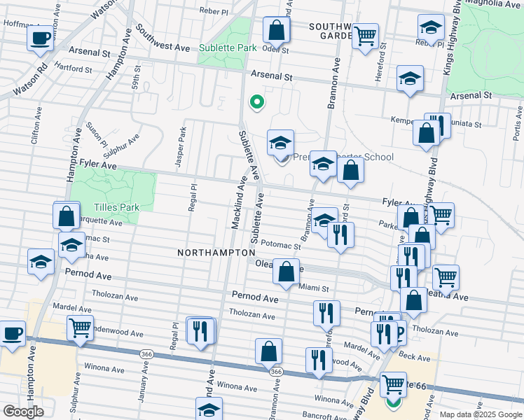 map of restaurants, bars, coffee shops, grocery stores, and more near 3334 Sublette Avenue in St. Louis
