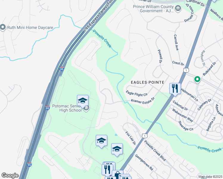map of restaurants, bars, coffee shops, grocery stores, and more near 3142 Eagle Talon Street in Woodbridge
