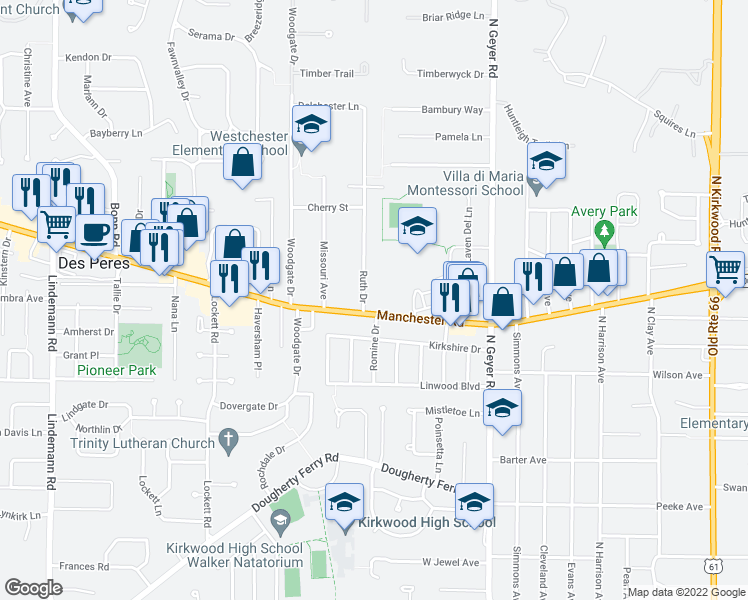 map of restaurants, bars, coffee shops, grocery stores, and more near 1105 Ruth Drive in Kirkwood