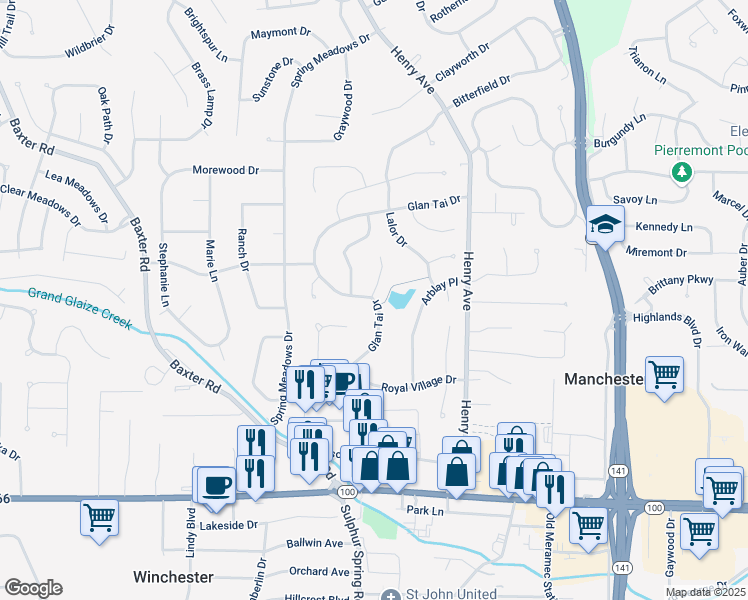 map of restaurants, bars, coffee shops, grocery stores, and more near 300 Glan Tai Drive in Manchester