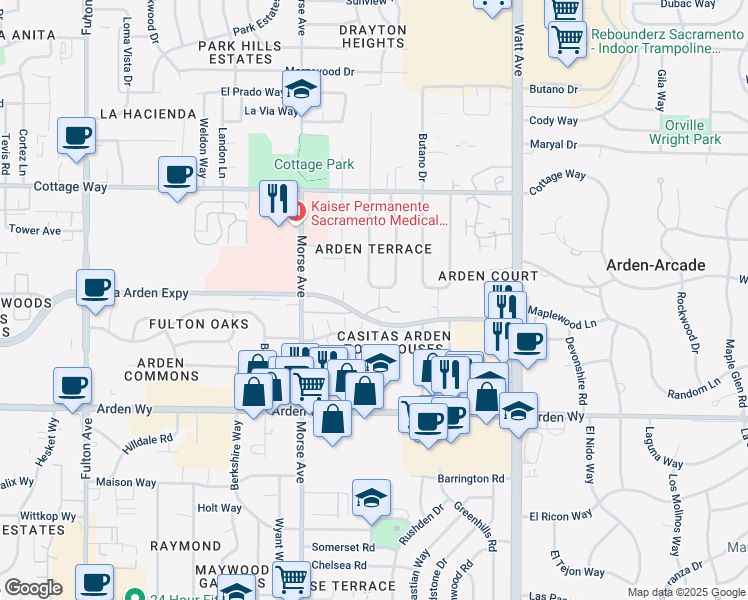 map of restaurants, bars, coffee shops, grocery stores, and more near 1901 Terrace Drive in Sacramento