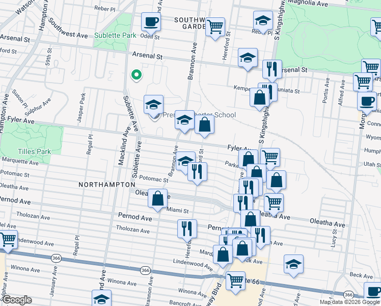 map of restaurants, bars, coffee shops, grocery stores, and more near 5021 Parker Avenue in St. Louis