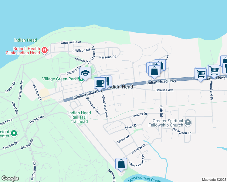map of restaurants, bars, coffee shops, grocery stores, and more near 7 East Potomac Avenue in Indian Head
