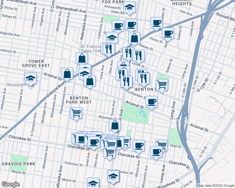 map of restaurants, bars, coffee shops, grocery stores, and more near 3020 Texas Avenue in St. Louis