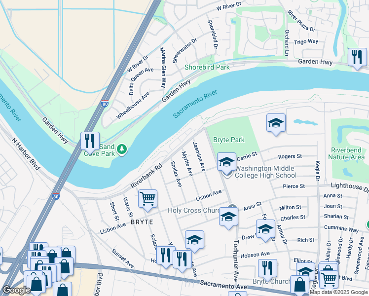 map of restaurants, bars, coffee shops, grocery stores, and more near 1395 Riverbank Road in West Sacramento
