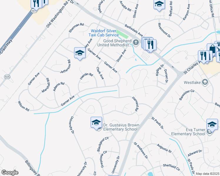 map of restaurants, bars, coffee shops, grocery stores, and more near 322 Garner Avenue in Waldorf