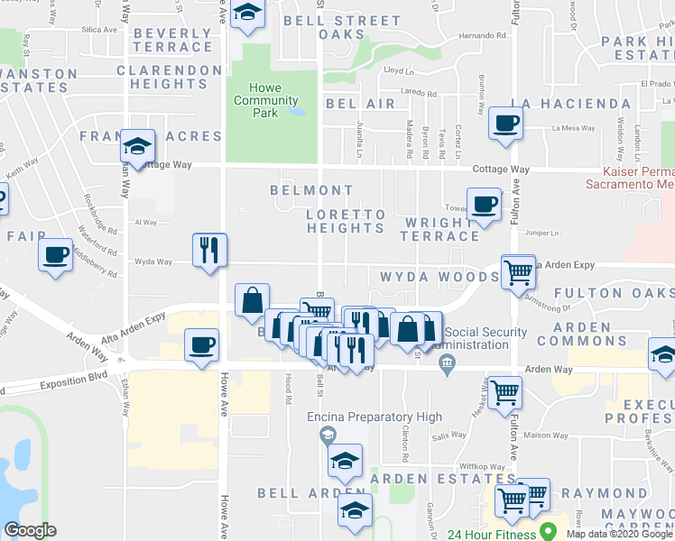 map of restaurants, bars, coffee shops, grocery stores, and more near 2314 Wyda Way in Sacramento