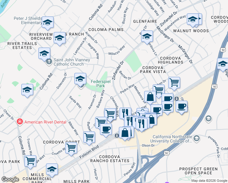 map of restaurants, bars, coffee shops, grocery stores, and more near 2552 Zinfandel Drive in Rancho Cordova