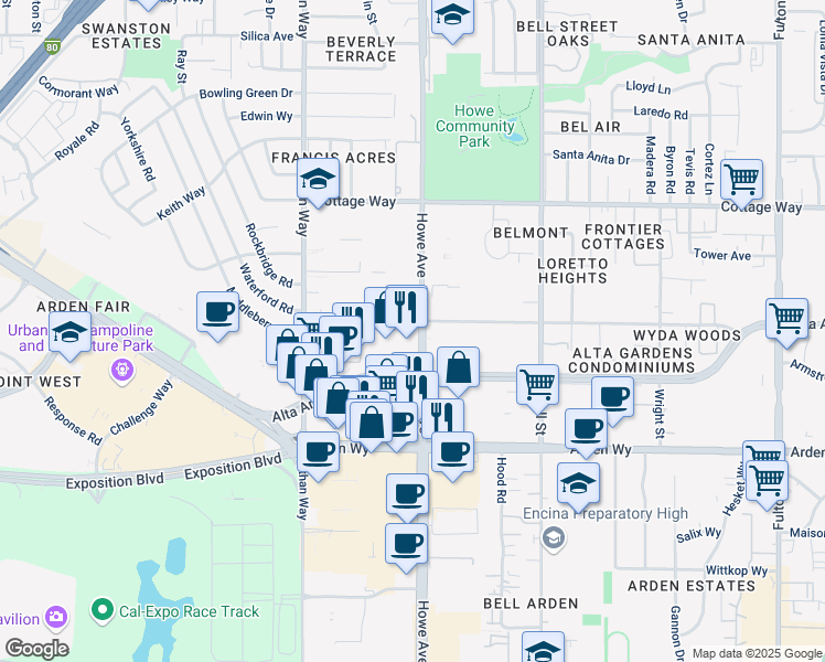 map of restaurants, bars, coffee shops, grocery stores, and more near 1895 Howe Avenue in Sacramento