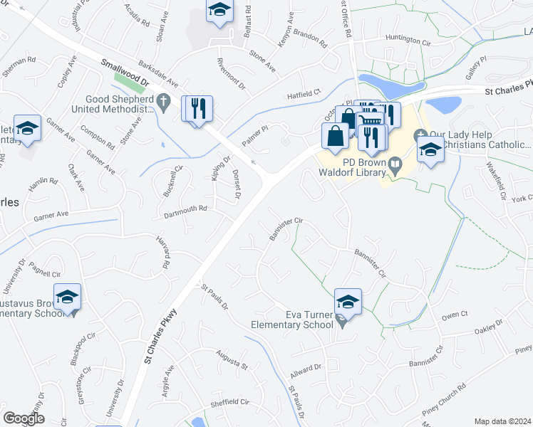 map of restaurants, bars, coffee shops, grocery stores, and more near 2610 Ferguson Court in Waldorf