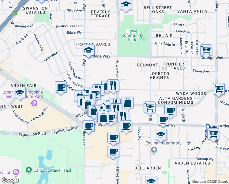 map of restaurants, bars, coffee shops, grocery stores, and more near 1895 Howe Avenue in Sacramento