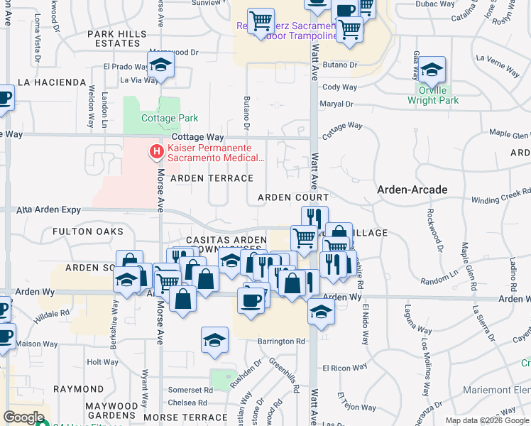 map of restaurants, bars, coffee shops, grocery stores, and more near 1904 Richmond Street in Sacramento