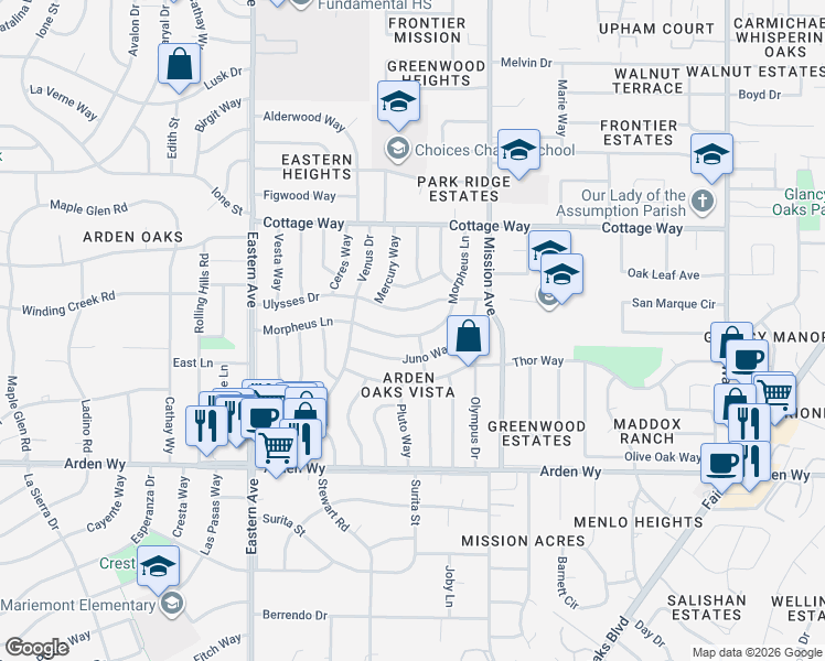 map of restaurants, bars, coffee shops, grocery stores, and more near 4430 Morpheus Lane in Sacramento