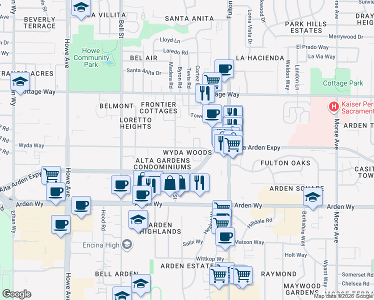 map of restaurants, bars, coffee shops, grocery stores, and more near 1829 Jerron Place in Sacramento