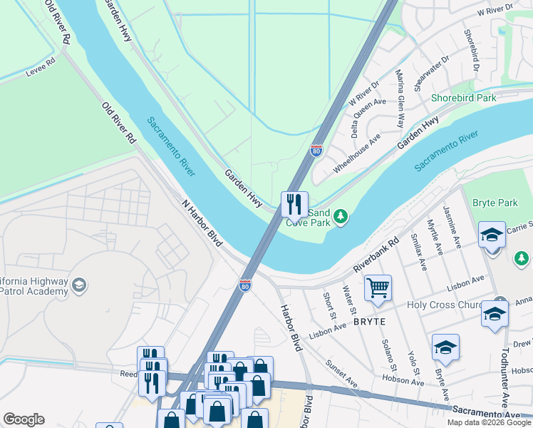 map of restaurants, bars, coffee shops, grocery stores, and more near 2181 Garden Highway in Sacramento