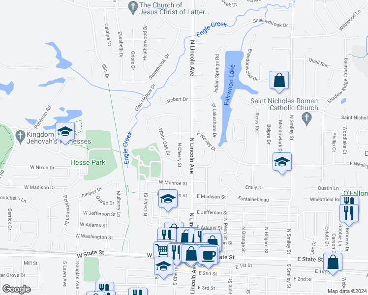 map of restaurants, bars, coffee shops, grocery stores, and more near 712 North Cherry Street in O'Fallon