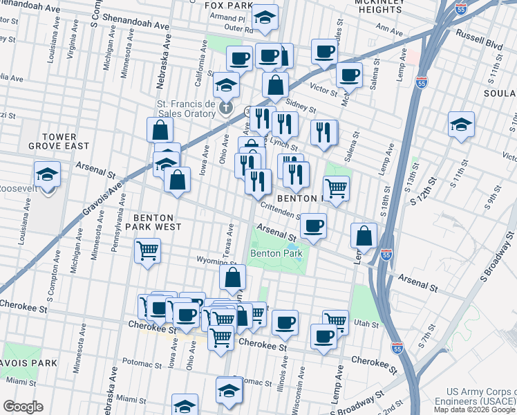 map of restaurants, bars, coffee shops, grocery stores, and more near 3011 Indiana Avenue in St. Louis