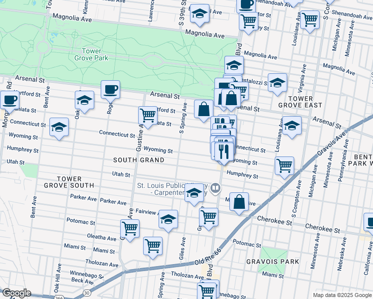 map of restaurants, bars, coffee shops, grocery stores, and more near 3723 Wyoming Street in St. Louis