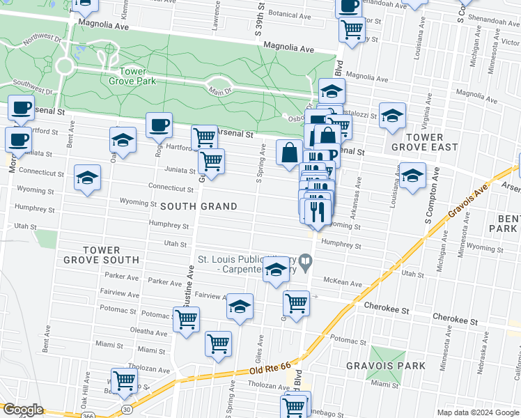 map of restaurants, bars, coffee shops, grocery stores, and more near 3723 Wyoming Street in St. Louis
