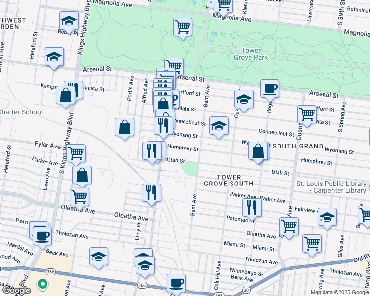 map of restaurants, bars, coffee shops, grocery stores, and more near 4218 Humphrey Street in St. Louis