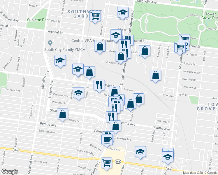 map of restaurants, bars, coffee shops, grocery stores, and more near 3307 Lawn Avenue in St. Louis