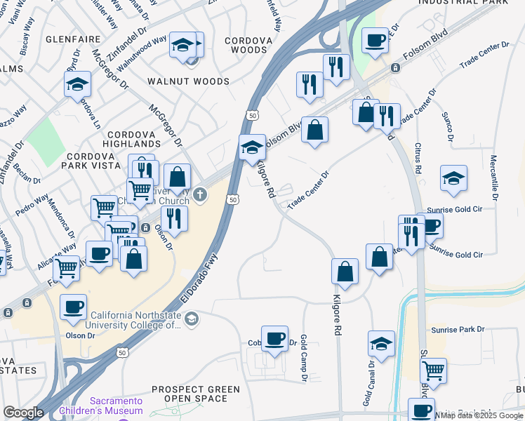 map of restaurants, bars, coffee shops, grocery stores, and more near 2752 Kilgore Road in Rancho Cordova