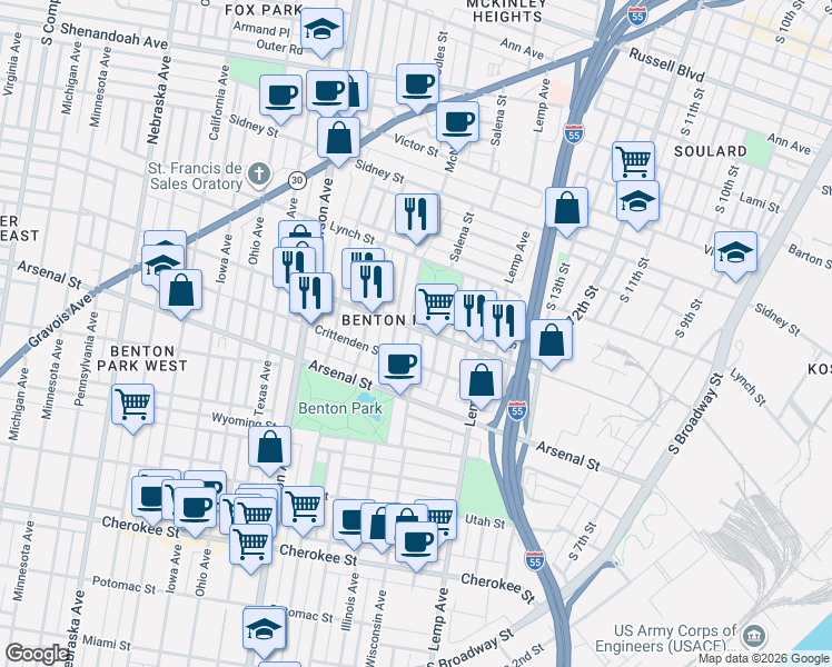 map of restaurants, bars, coffee shops, grocery stores, and more near in St. Louis