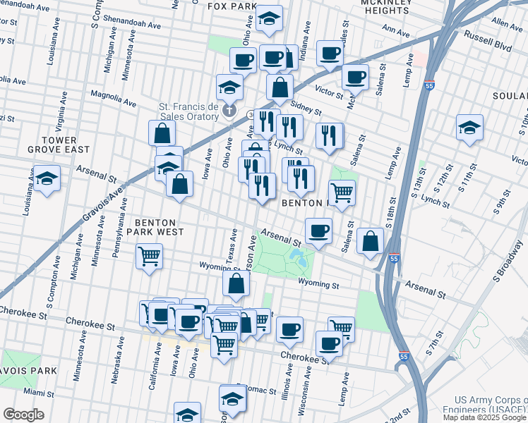 map of restaurants, bars, coffee shops, grocery stores, and more near 3011 Indiana Avenue in St. Louis
