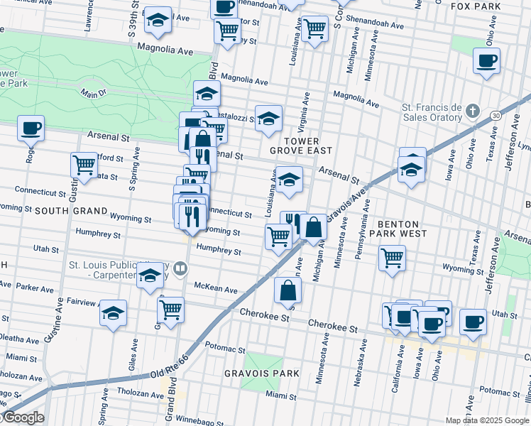 map of restaurants, bars, coffee shops, grocery stores, and more near 3400 Connecticut Street in St. Louis
