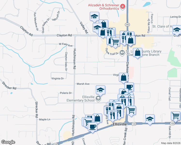 map of restaurants, bars, coffee shops, grocery stores, and more near 1415 Virginia Drive in Ellisville
