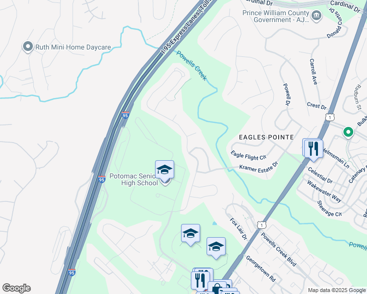 map of restaurants, bars, coffee shops, grocery stores, and more near 3281 Eagle Ridge Drive in Woodbridge