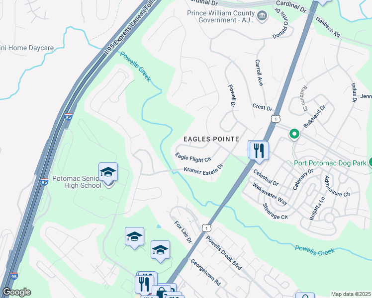 map of restaurants, bars, coffee shops, grocery stores, and more near 16249 Eagle Flight Circle in Woodbridge