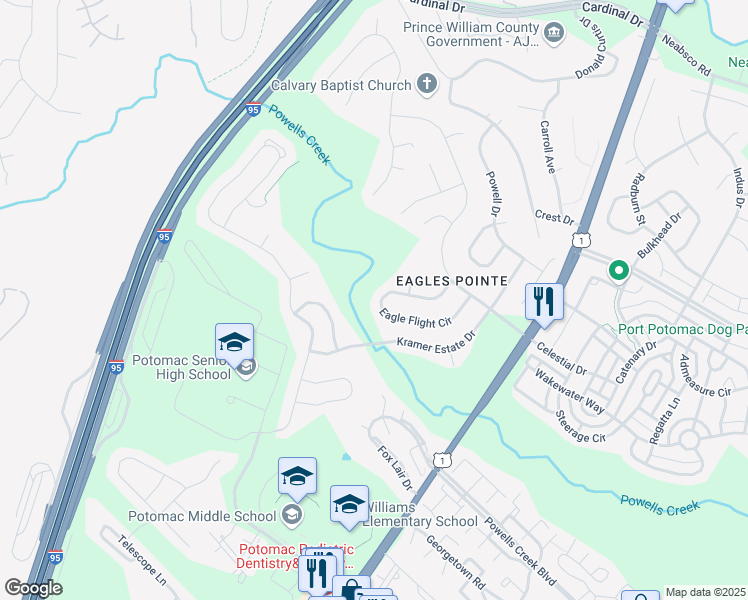 map of restaurants, bars, coffee shops, grocery stores, and more near 16272 Eagle Flight Circle in Woodbridge