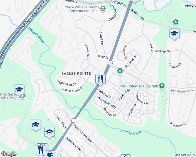 map of restaurants, bars, coffee shops, grocery stores, and more near 16237 Chase Eagle Lane in Woodbridge