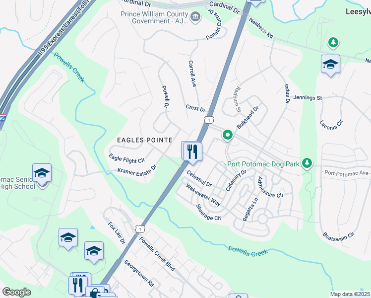 map of restaurants, bars, coffee shops, grocery stores, and more near 16237 Chase Eagle Lane in Woodbridge