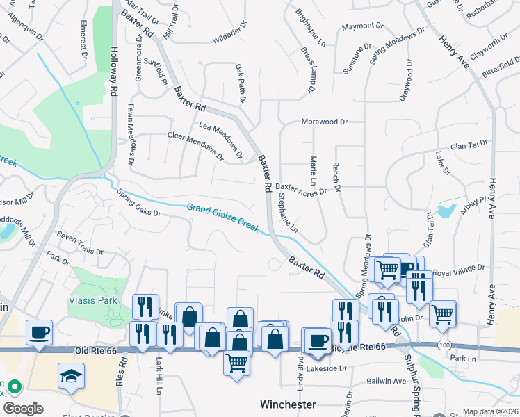 map of restaurants, bars, coffee shops, grocery stores, and more near 111 Country Creek Court in Ballwin