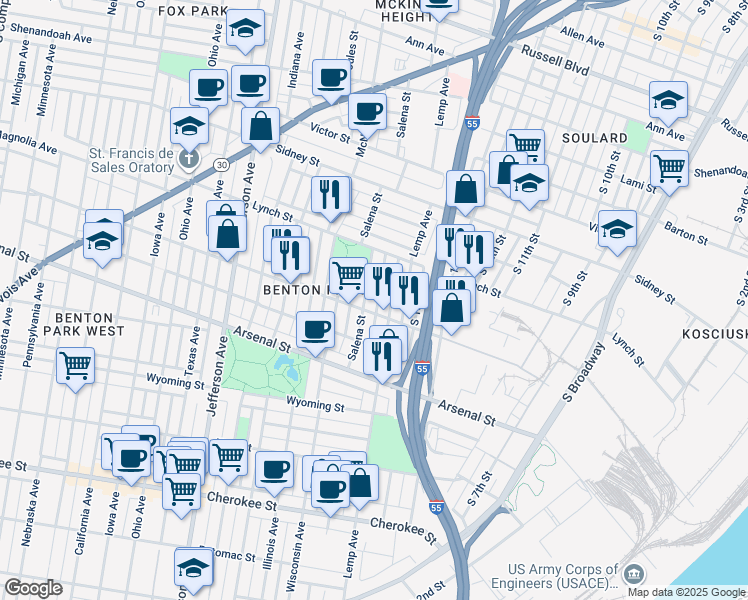 map of restaurants, bars, coffee shops, grocery stores, and more near 2865 Lemp Avenue in St. Louis