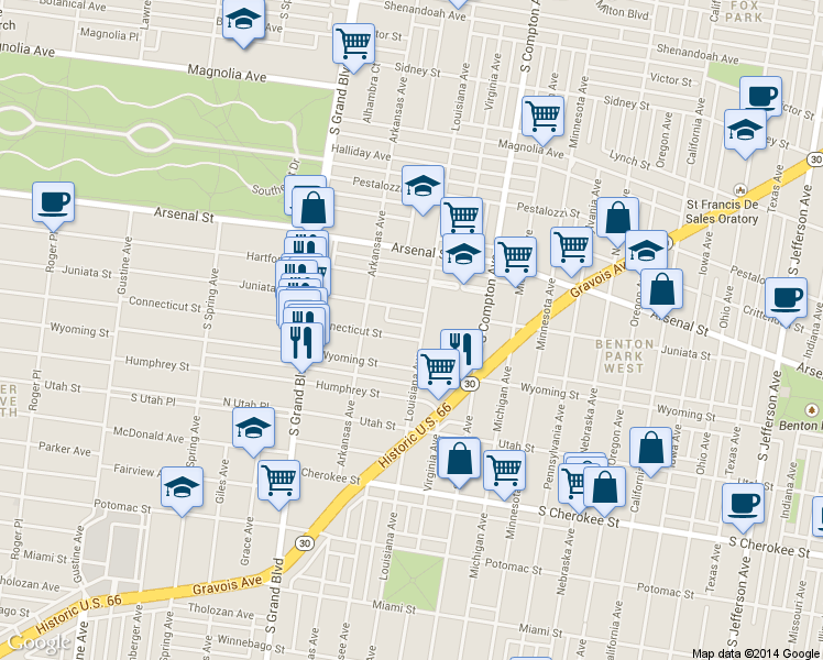 map of restaurants, bars, coffee shops, grocery stores, and more near 3400 Connecticut Street in St. Louis