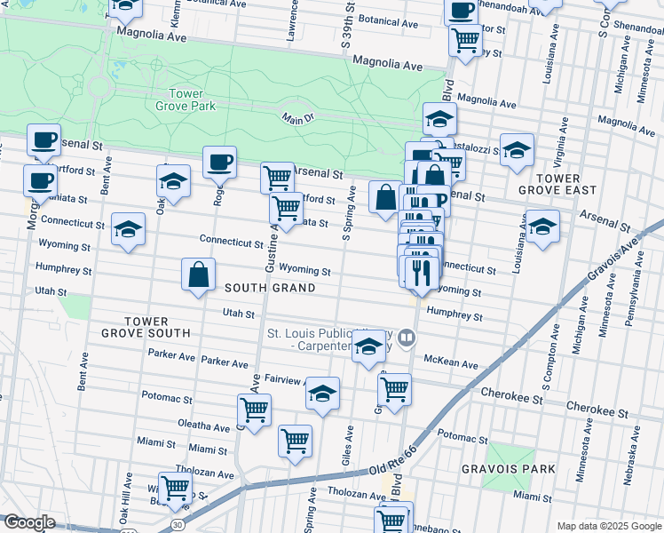 map of restaurants, bars, coffee shops, grocery stores, and more near 3820 Wyoming Street in St. Louis