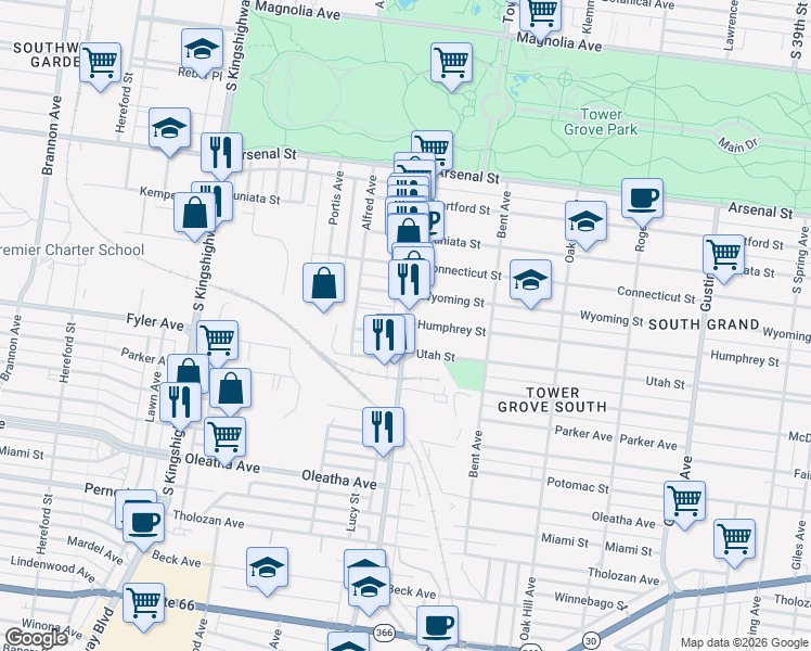 map of restaurants, bars, coffee shops, grocery stores, and more near 4318 Humphrey Street in St. Louis