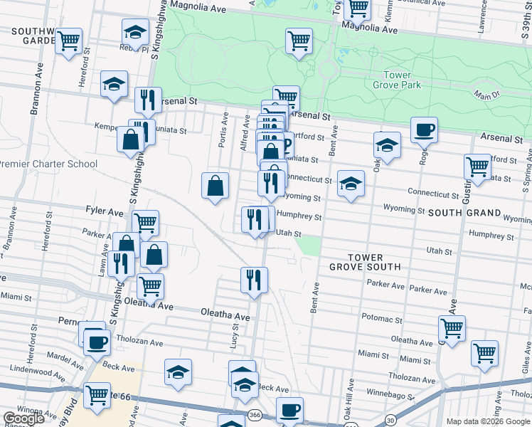 map of restaurants, bars, coffee shops, grocery stores, and more near 4318 Humphrey Street in St. Louis
