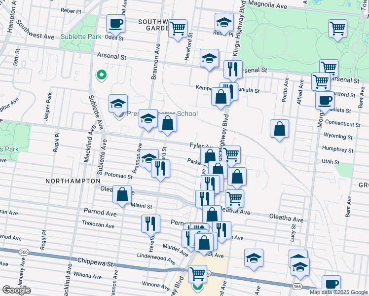 map of restaurants, bars, coffee shops, grocery stores, and more near 4953 Parker Avenue in St. Louis